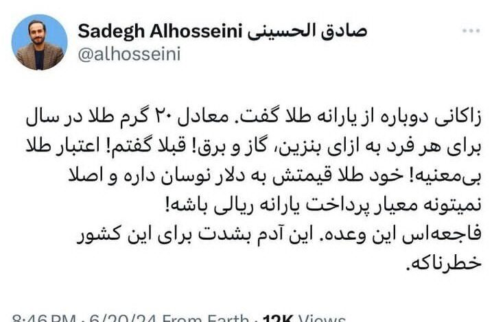 عکس العمل تند اقتصاددانان به مطرح زاکانی برای تعلق یارانه طلا_بام وطن 13 واقعا میتوان در سال ۲۰ گرم طلا به هر خانوار داد؟/ الحسینی: فاجعه است این وعده!