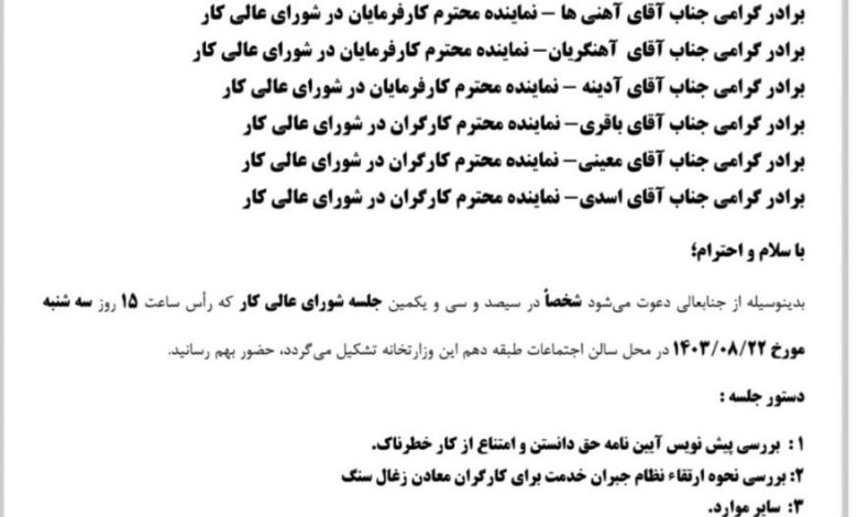 از عدم حق رای تا حذف حضور فیزیکی نمایندگان تشکل های عالی کارگری در شورای عالی کار/ وزیر کار دولت پزشکیان به موضوع ورود خواهد کرد؟+سند